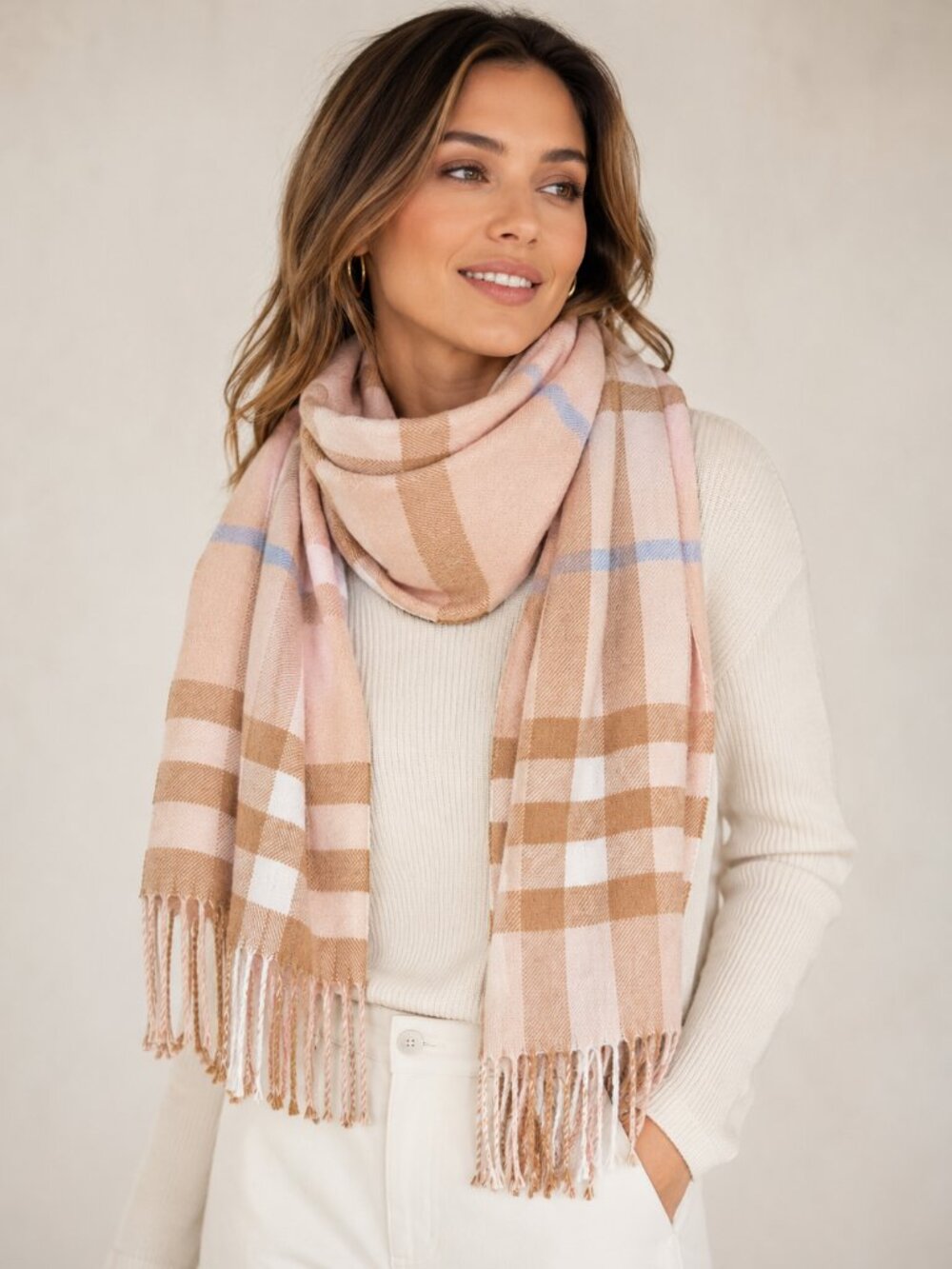 Plaid Cashmere Scarf - Pink, tan, blue, white, and cream